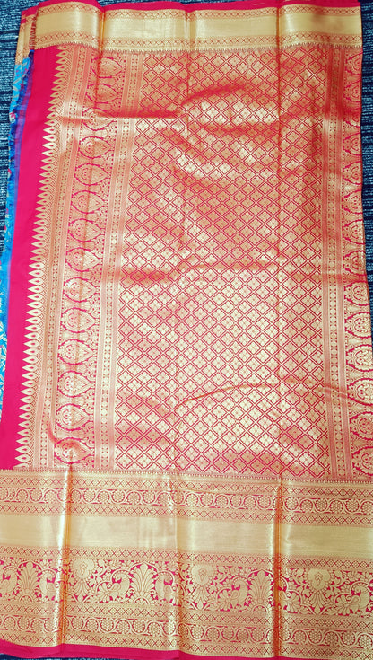 Blue and Red Semi Kanchi Silk Saree