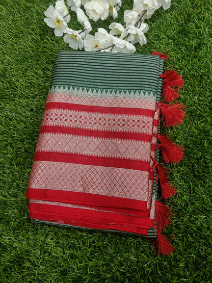 Green and Red Temple Border Tissue Silk Saree