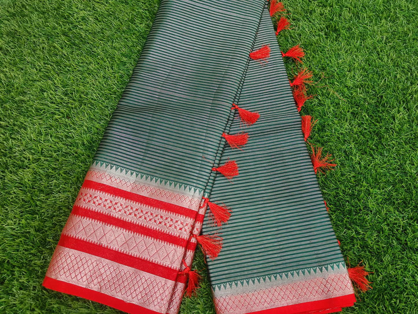 Green and Red Temple Border Tissue Silk Saree