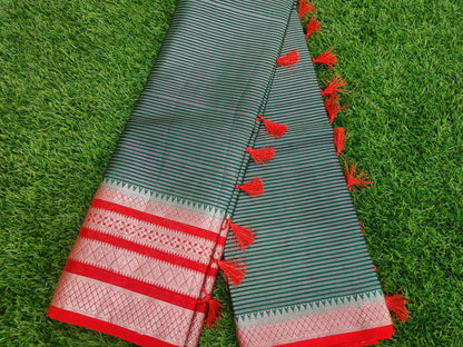 Green and Red Temple Border Tissue Silk Saree