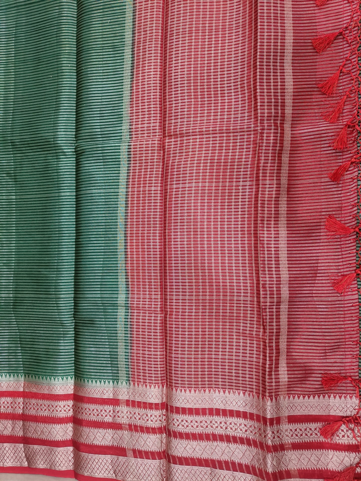 Green and Red Temple Border Tissue Silk Saree