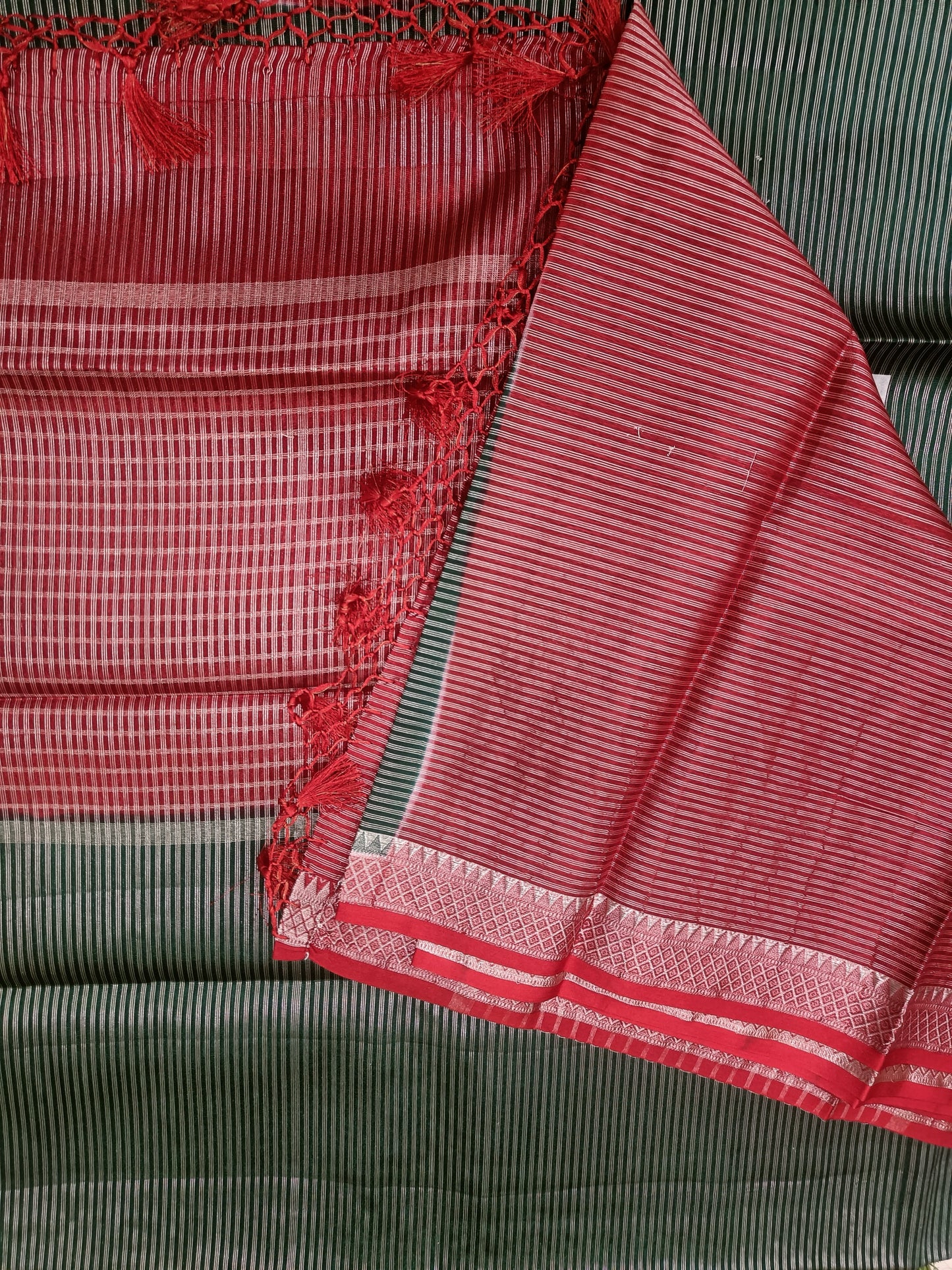 Green and Red Temple Border Tissue Silk Saree
