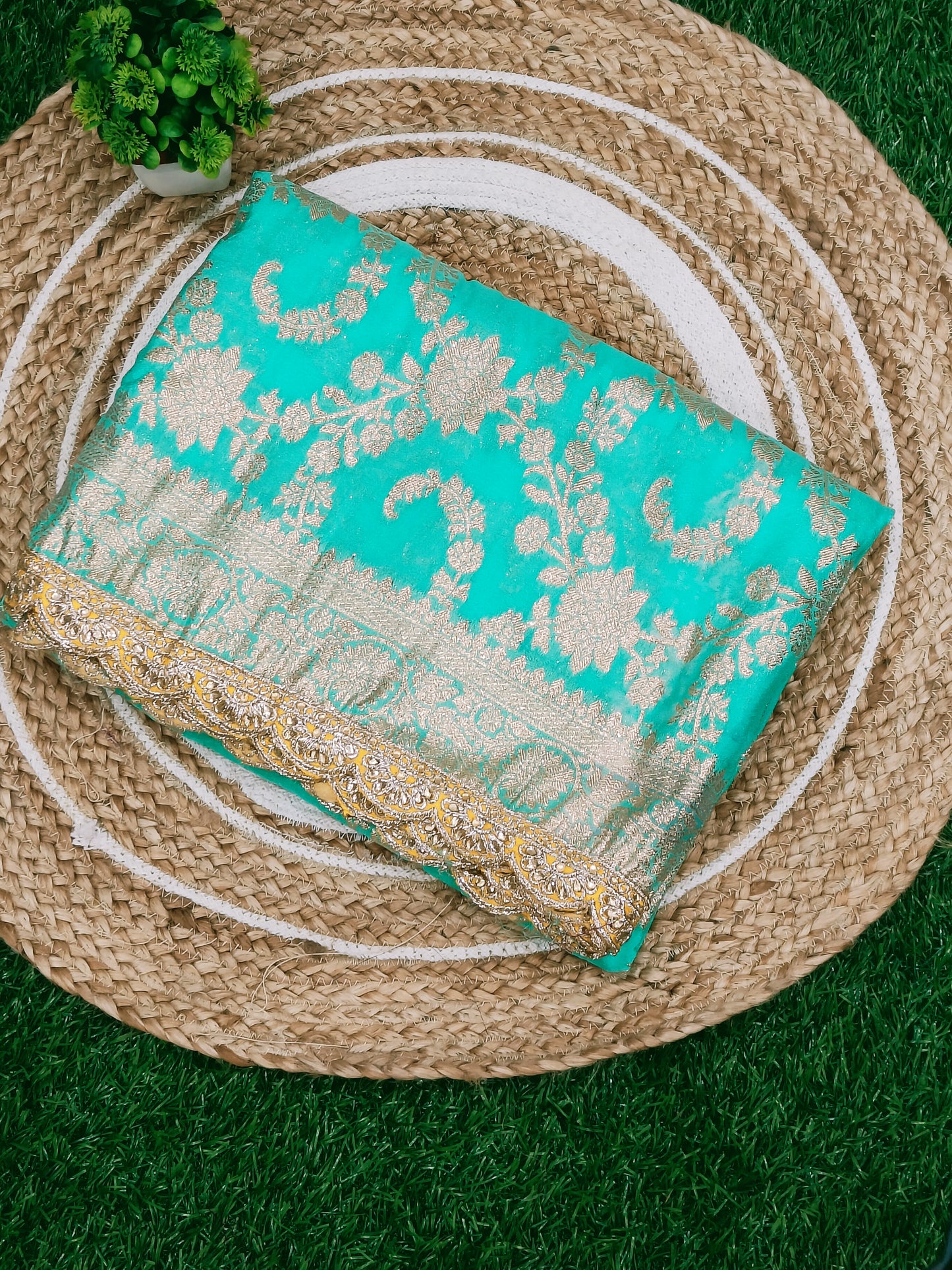 Turquoise Floral Cutwork Khadi Saree
