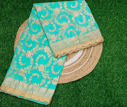 Turquoise Floral Cutwork Khadi Saree