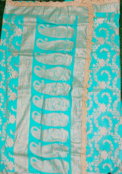 Turquoise Floral Cutwork Khadi Saree