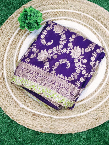 Purple Floral Cutwork Khadi Saree