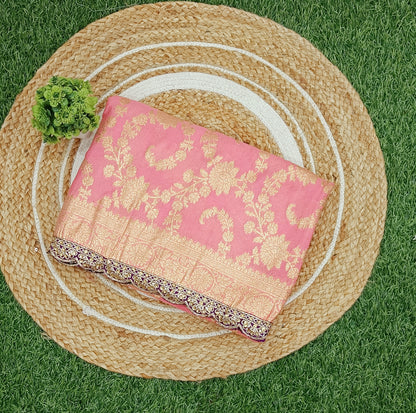 Light Orange Floral Cutwork Khadi Saree
