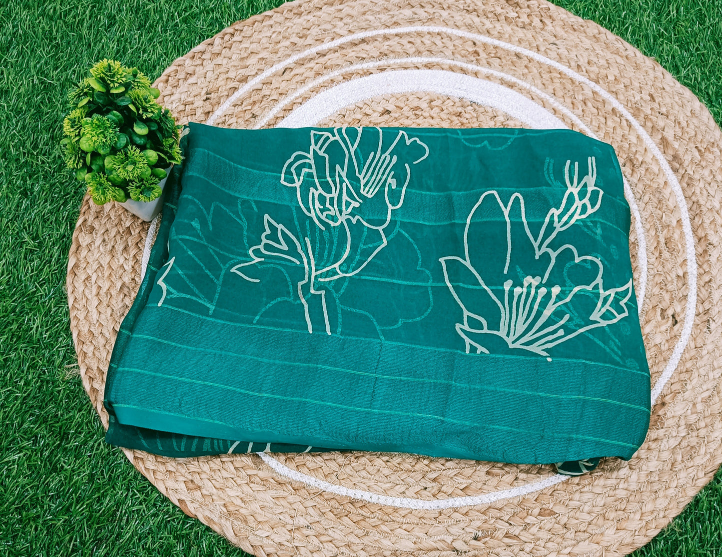 Rama Green Floral Georgette Saree