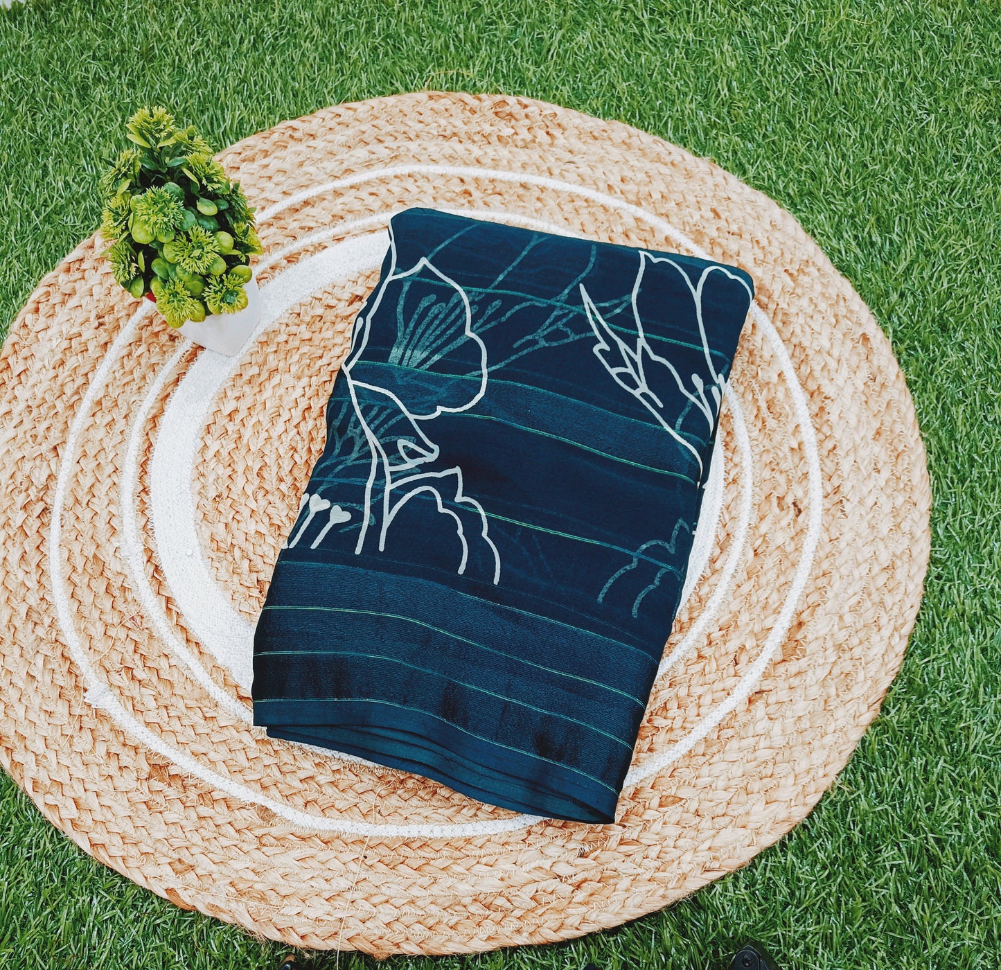 Peacock Blue Floral Georgette Saree