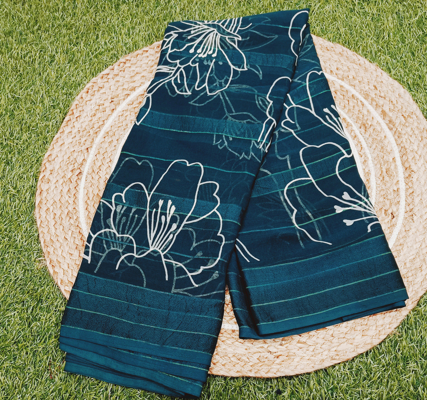 Peacock Blue Floral Georgette Saree