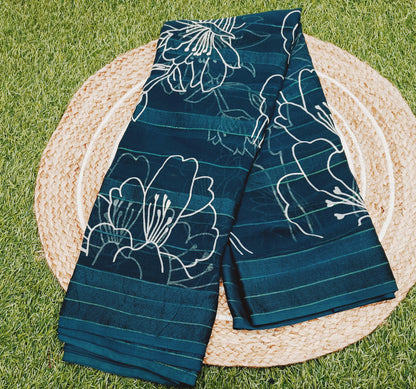 Peacock Blue Floral Georgette Saree
