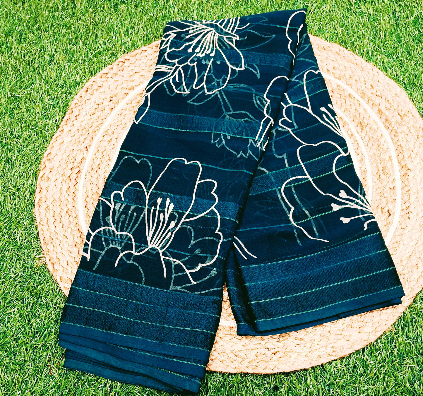 Peacock Blue Floral Georgette Saree