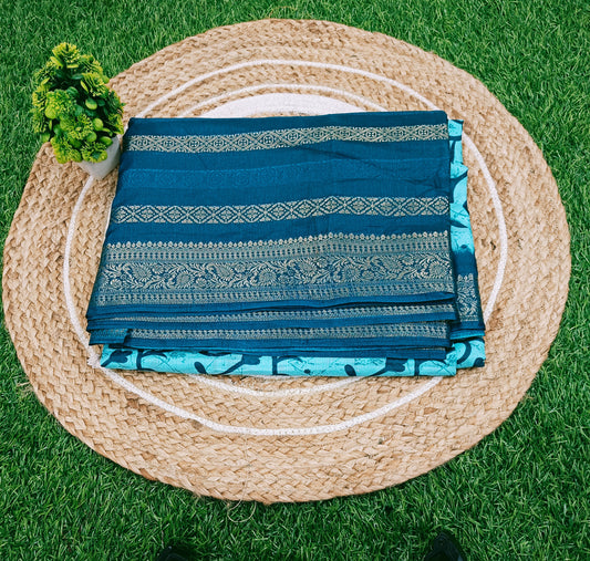 Turquoise Blue Floral Cotton Silk Saree