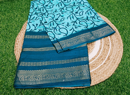 Turquoise Blue Floral Cotton Silk Saree