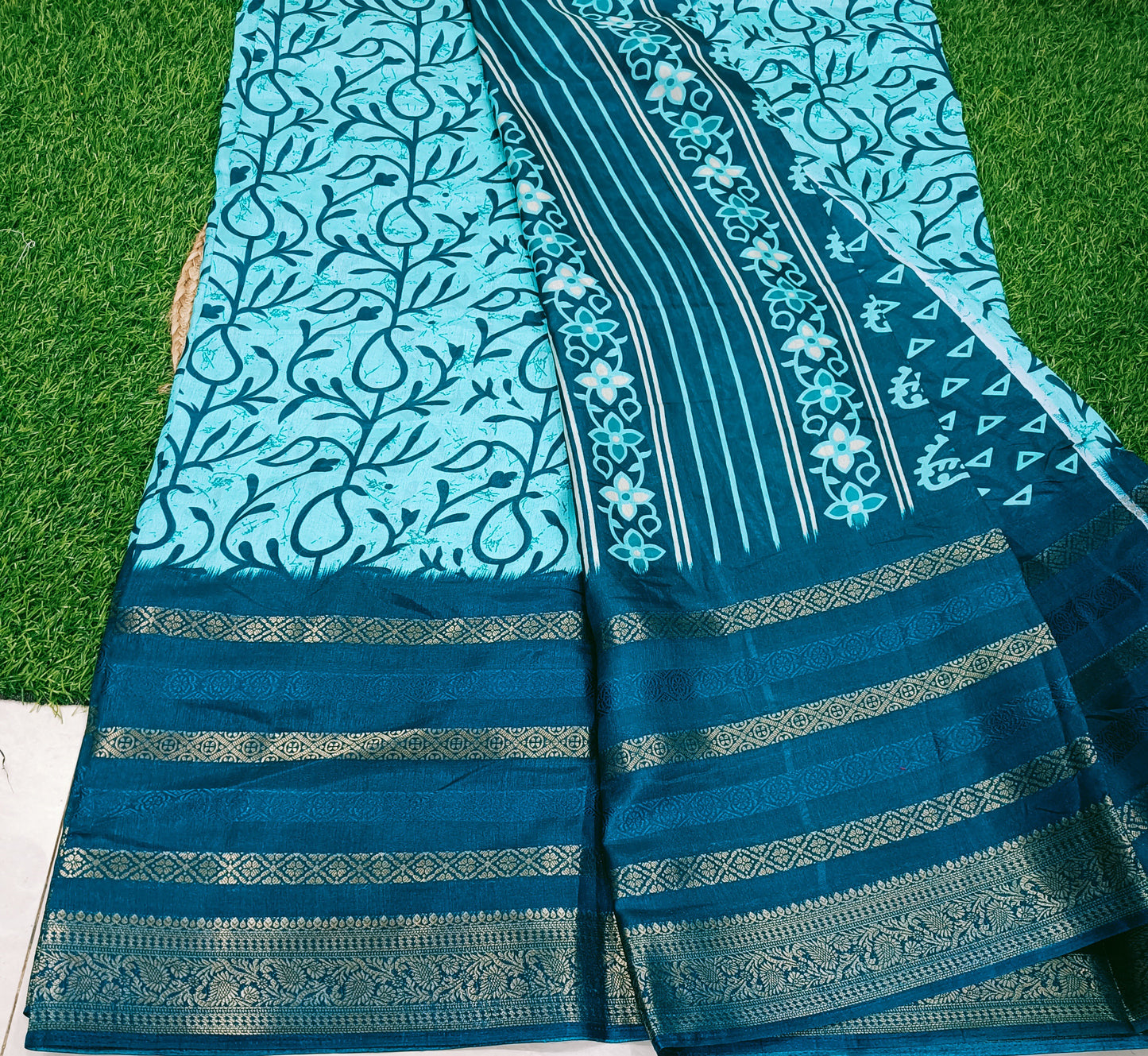 Turquoise Blue Floral Cotton Silk Saree