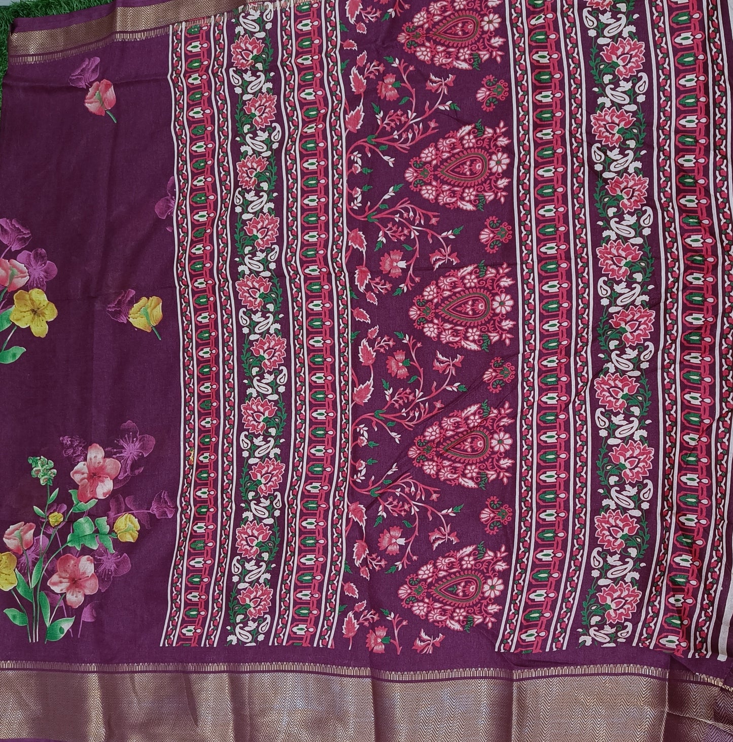 Purple Floral Cotton Silk Saree