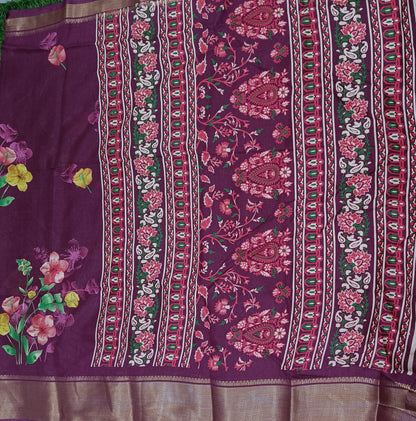 Purple Floral Cotton Silk Saree