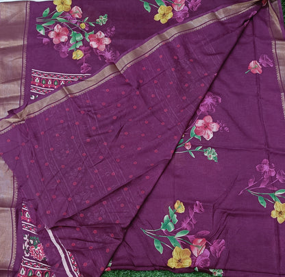 Purple Floral Cotton Silk Saree