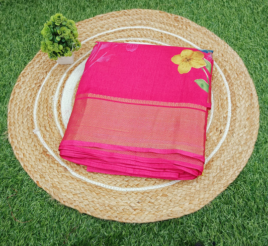 Pink Floral Cotton Silk Saree