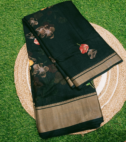 Black Floral Cotton Silk Saree