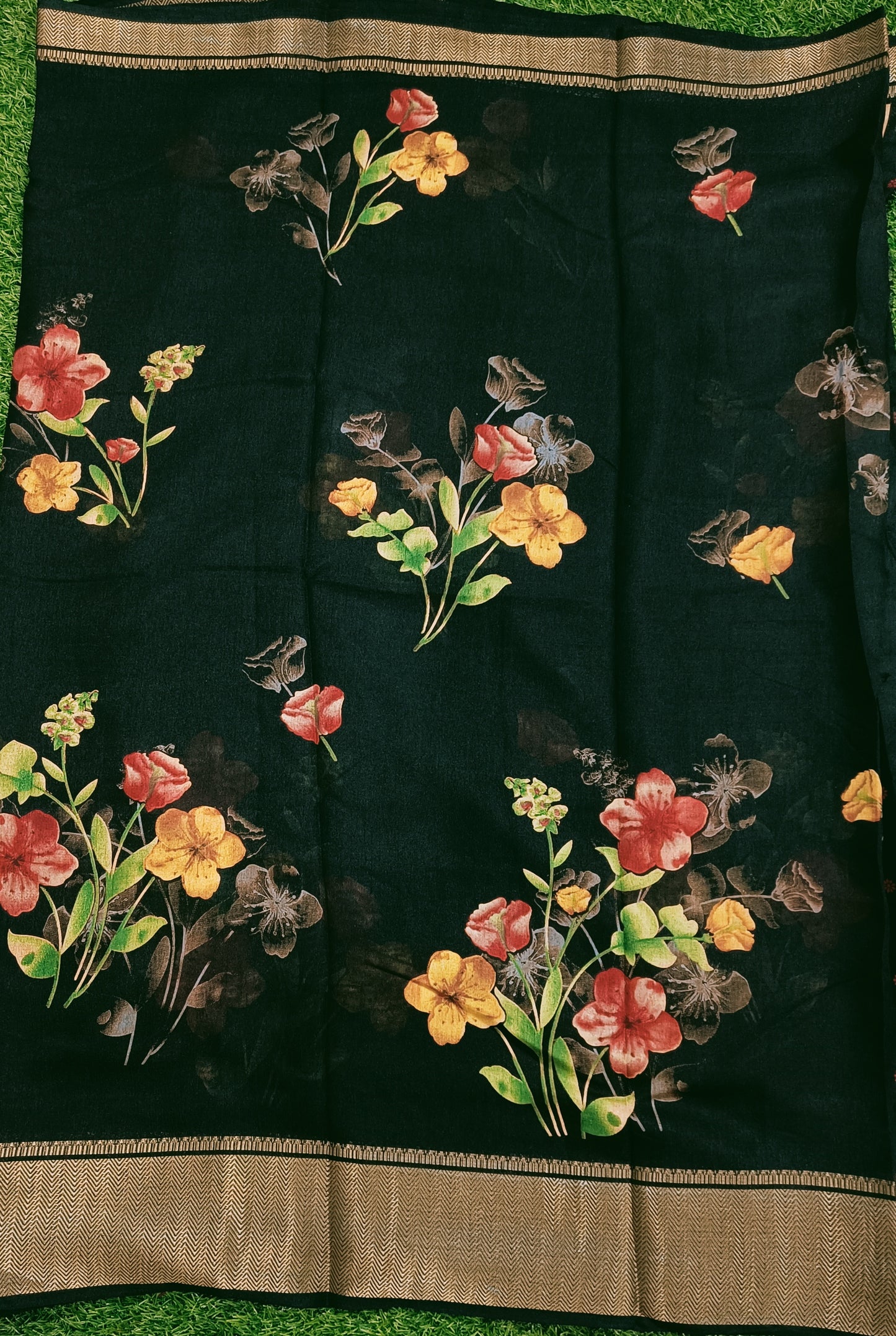 Black Floral Cotton Silk Saree