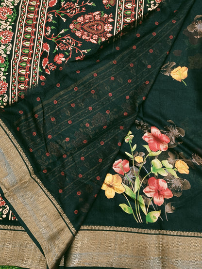 Black Floral Cotton Silk Saree