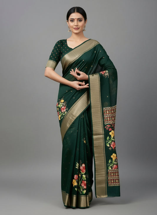 Black Floral Cotton Silk Saree