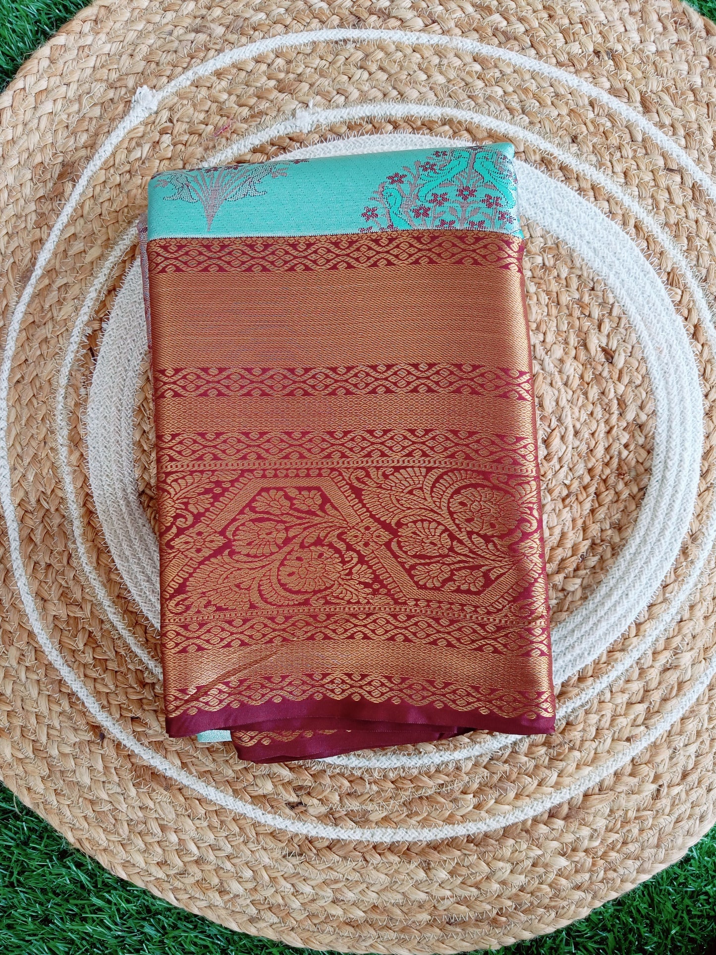 Sea Blue and Brown Semi Kanchi Silk Saree