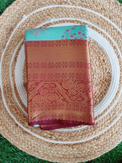 Sea Blue and Brown Semi Kanchi Silk Saree