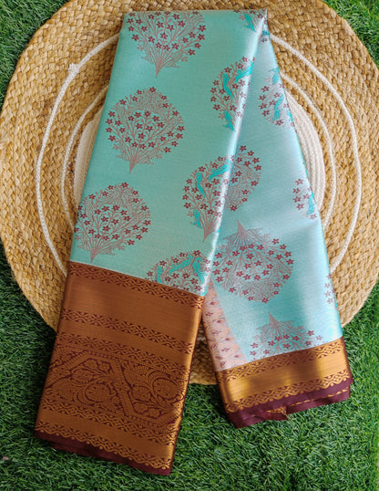 Sea Blue and Brown Semi Kanchi Silk Saree