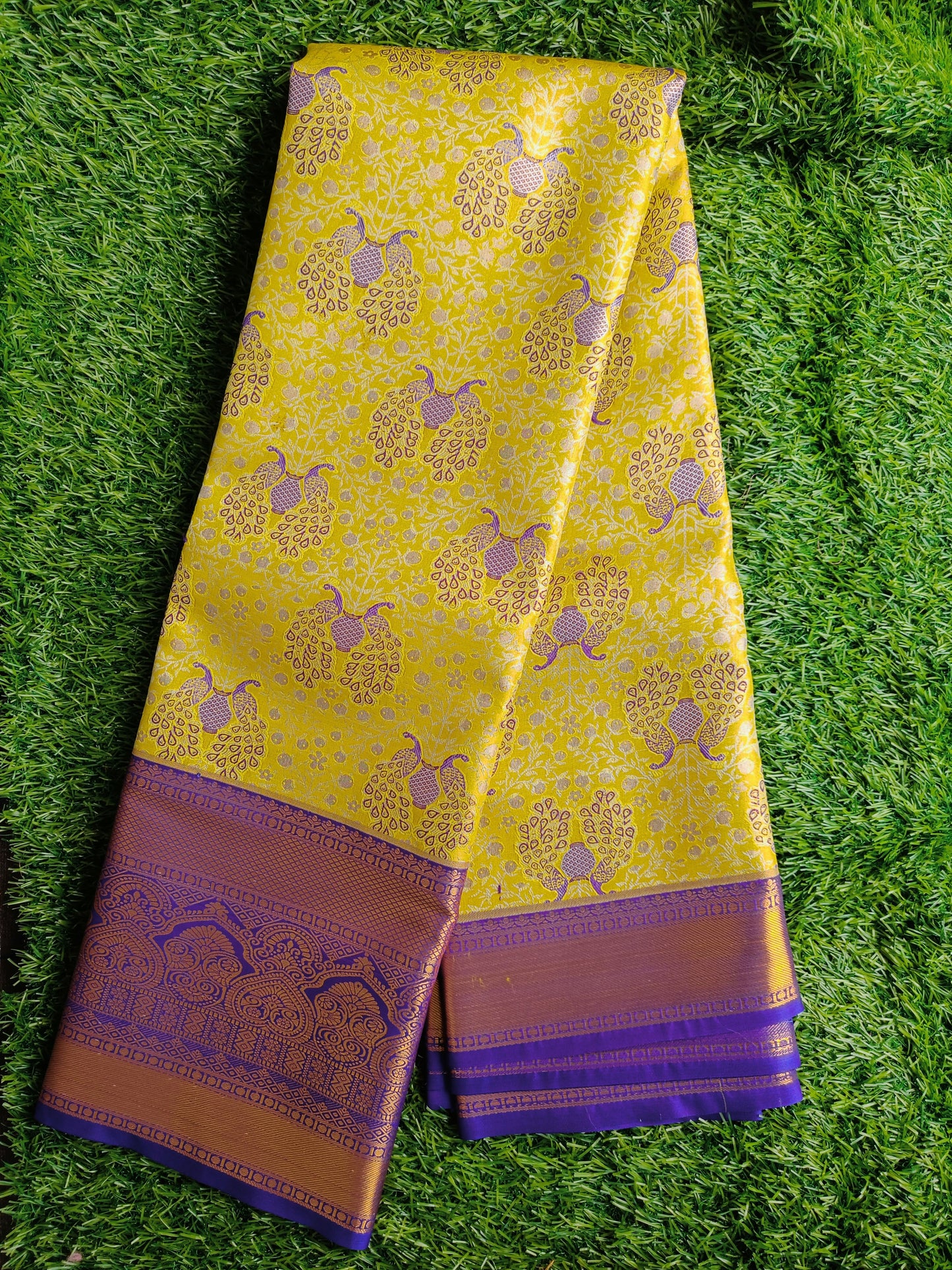 Yellow and Blue Semi Kanchi Silk Saree