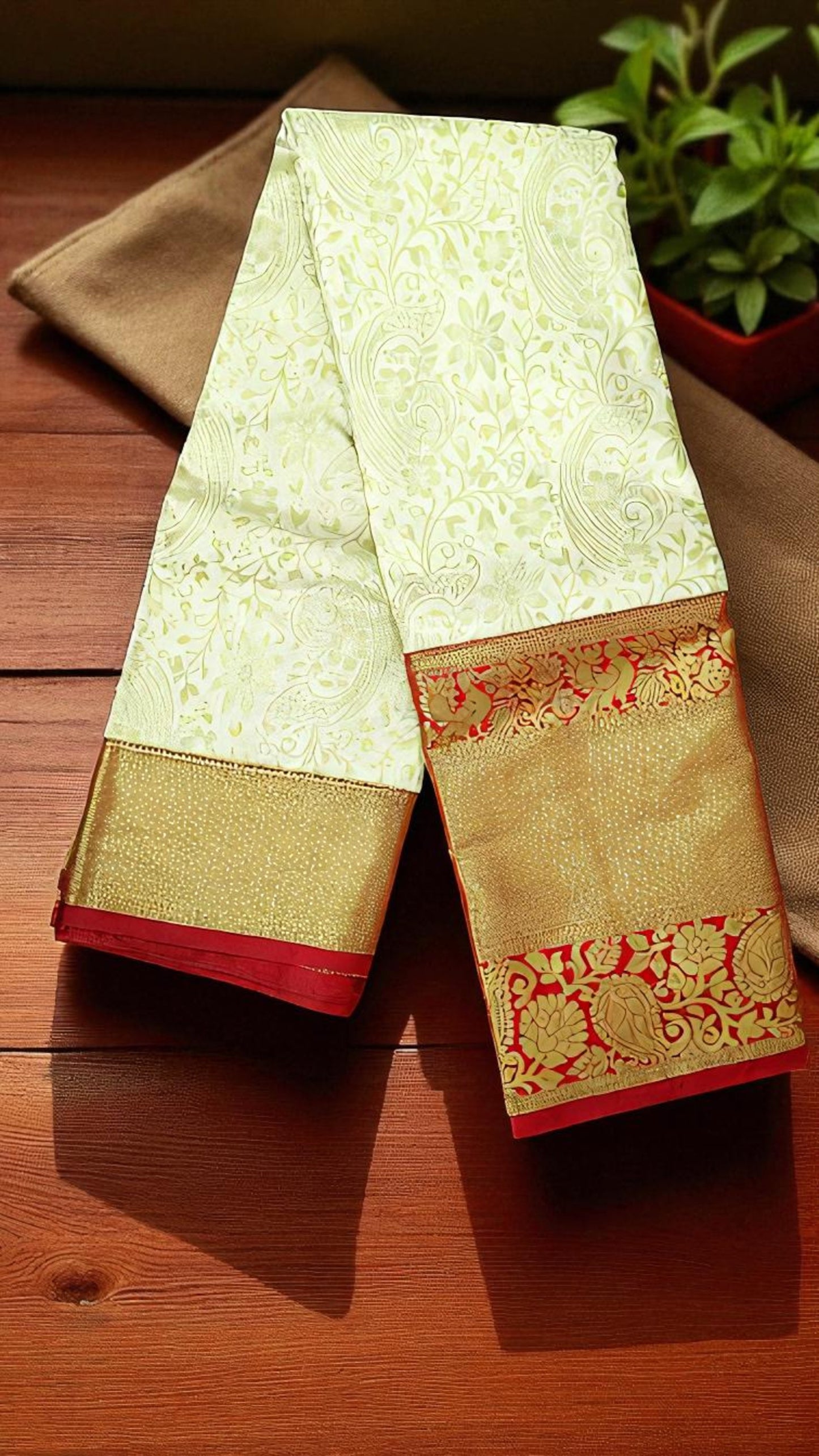 Off white  and Red Semi Kanchi Silk Saree
