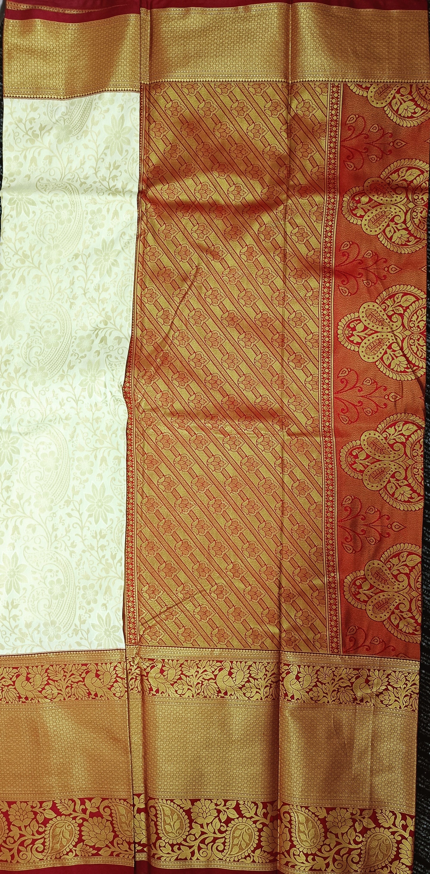 Off white  and Red Semi Kanchi Silk Saree