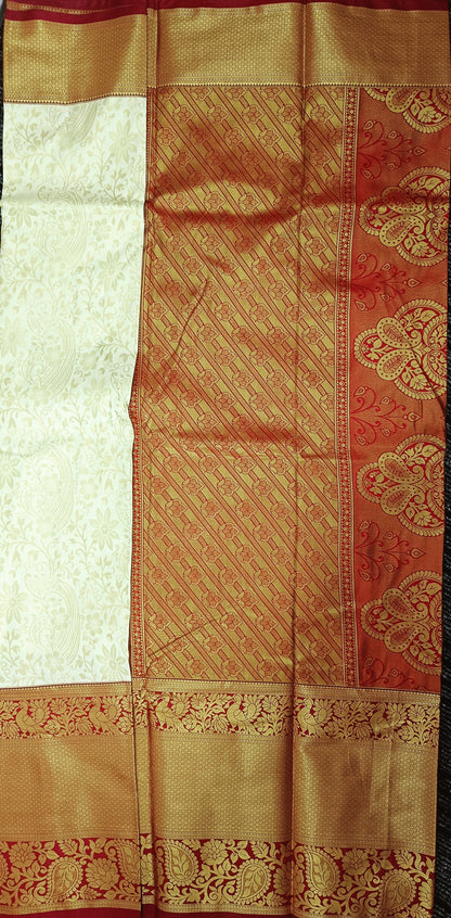 Off white  and Red Semi Kanchi Silk Saree
