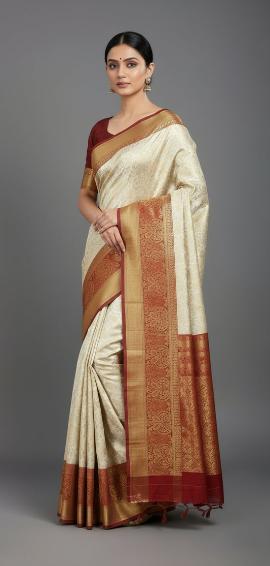Off white  and Red Semi Kanchi Silk Saree