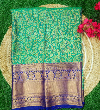 Green & Blue Bird Design Semi Kanchi Silk Saree