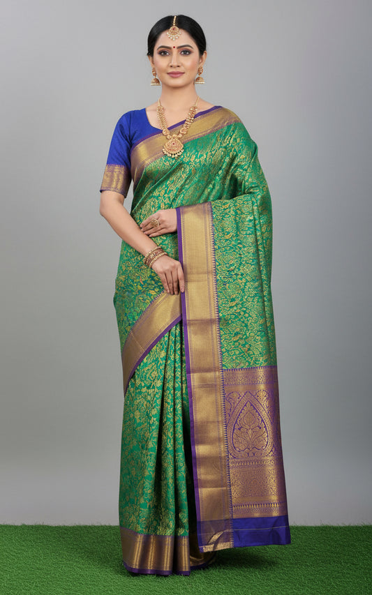 Green & Blue Bird Design Semi Kanchi Silk Saree