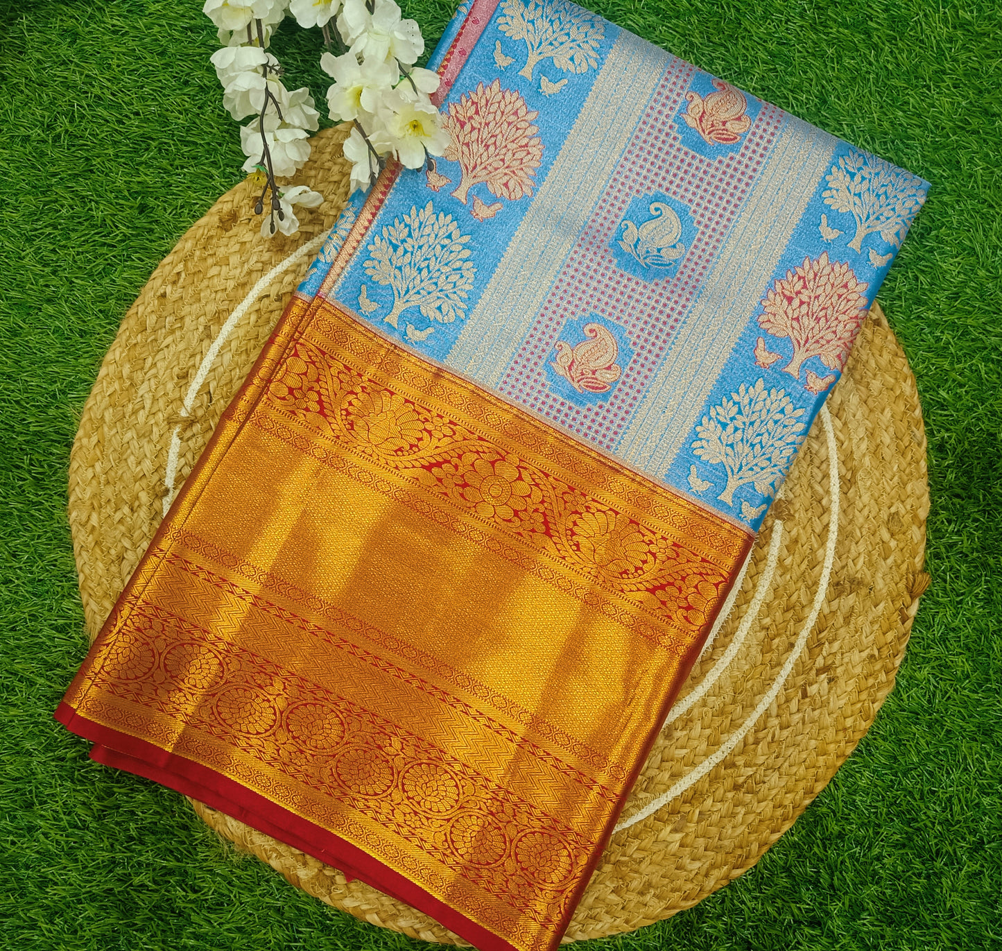 Blue and Red Semi Kanchi Silk Saree