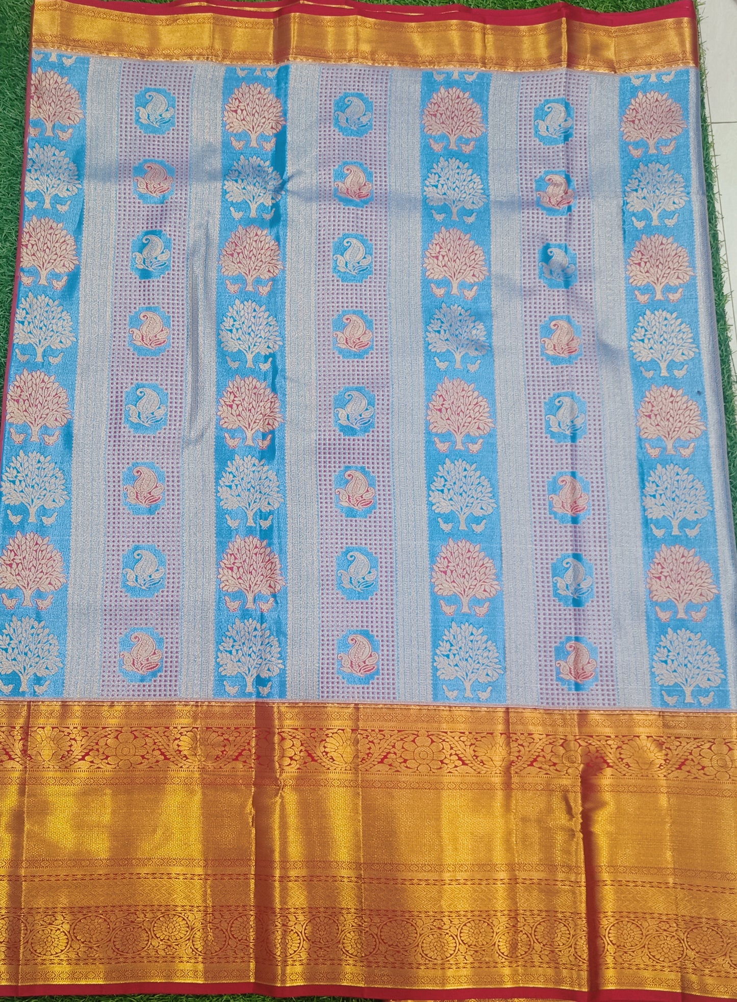 Blue and Red Semi Kanchi Silk Saree