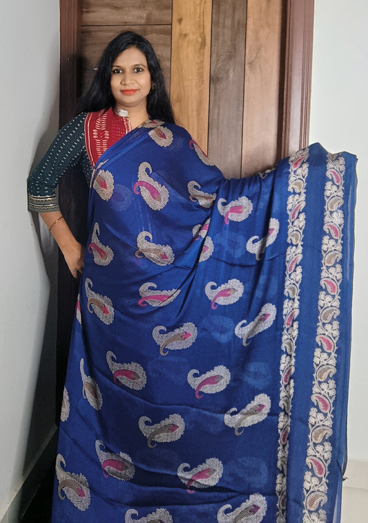 Blue Gap Border Crape Saree