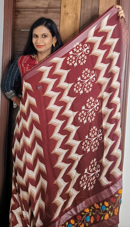 Brown & Off White Zig Zag Zari Viscose Crape Saree