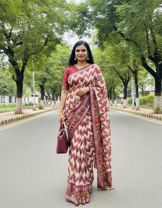 Brown & Off White Zig Zag Zari Viscose Crape Saree
