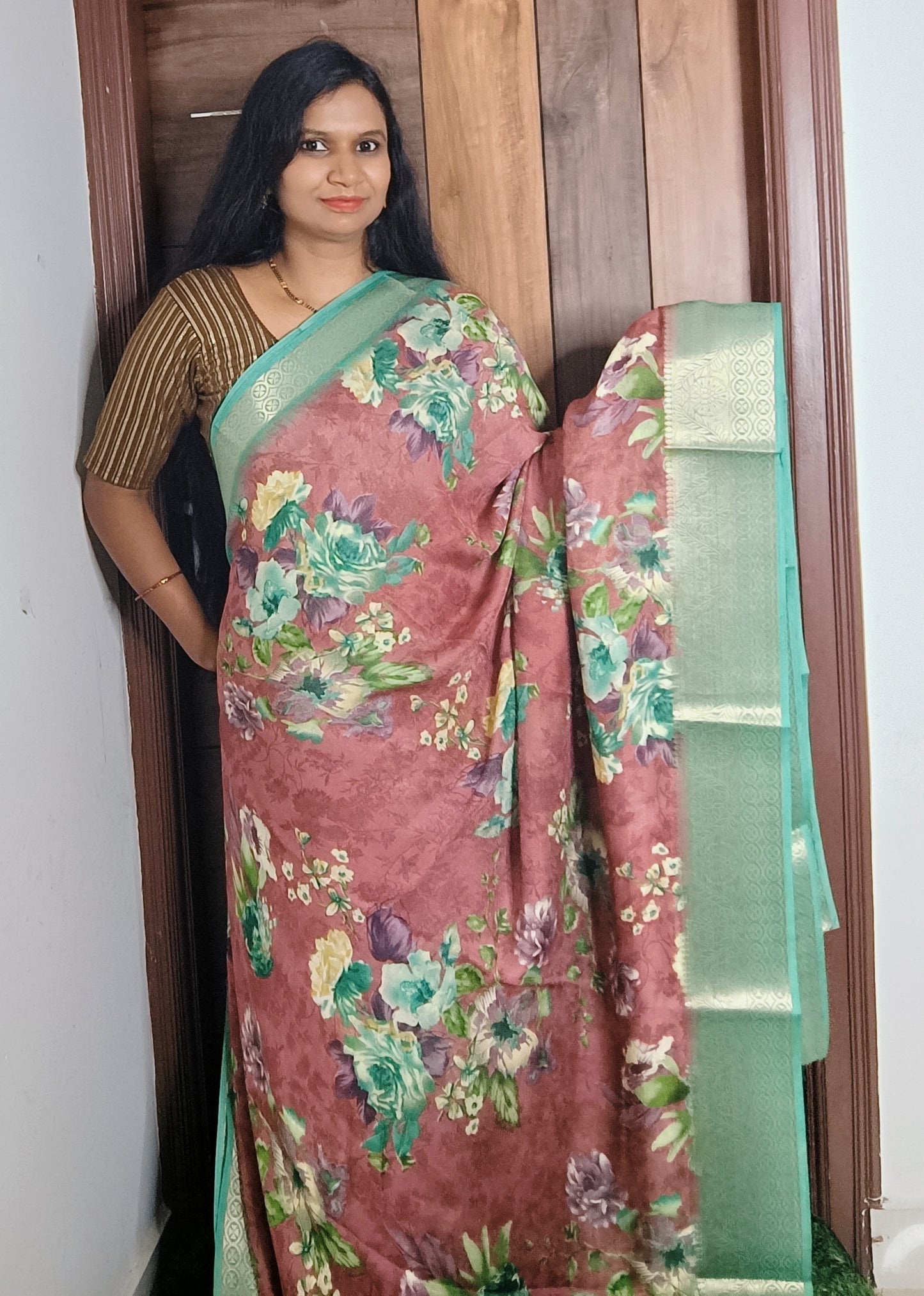 Light Brown & Green Digital Print Crape Silk Saree