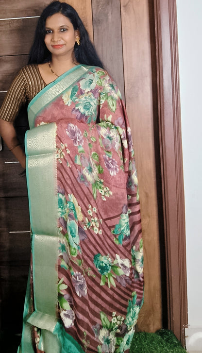 Light Brown & Green Digital Print Crape Silk Saree