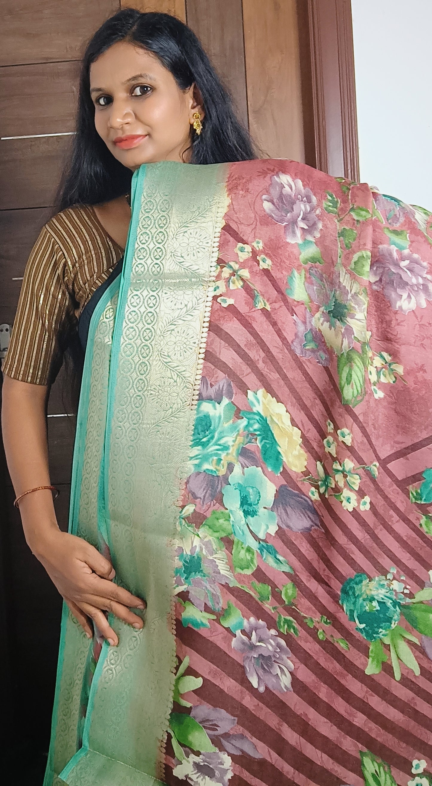 Light Brown & Green Digital Print Crape Silk Saree