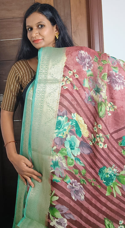 Light Brown & Green Digital Print Crape Silk Saree
