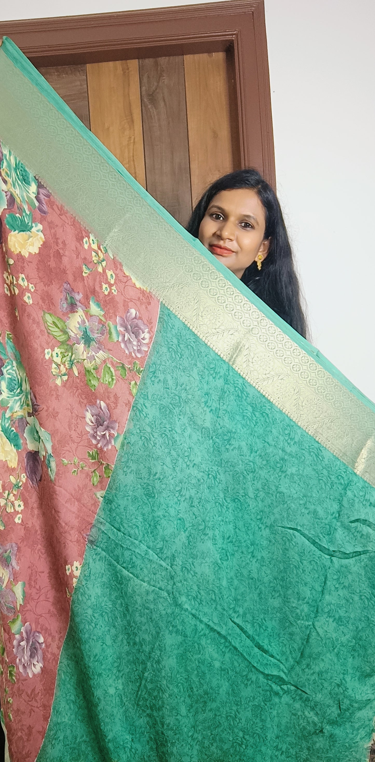 Light Brown & Green Digital Print Crape Silk Saree