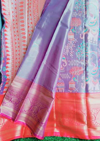 Lavender and Red 3D Print Semi Kanchipuram Silk Saree
