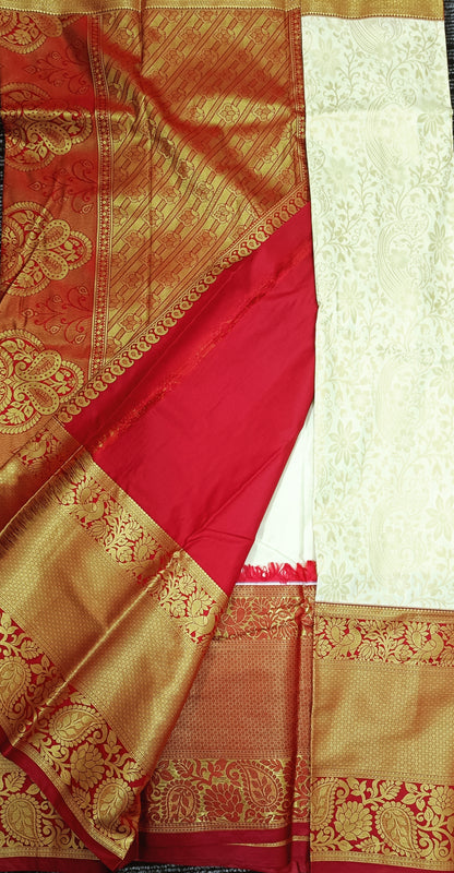 Off white  and Red Semi Kanchi Silk Saree