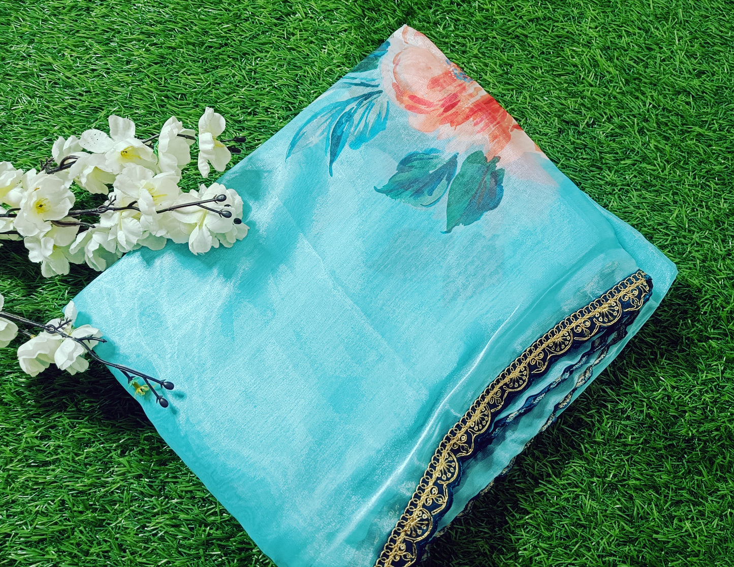 Turquoise Floral space Silk Saree
